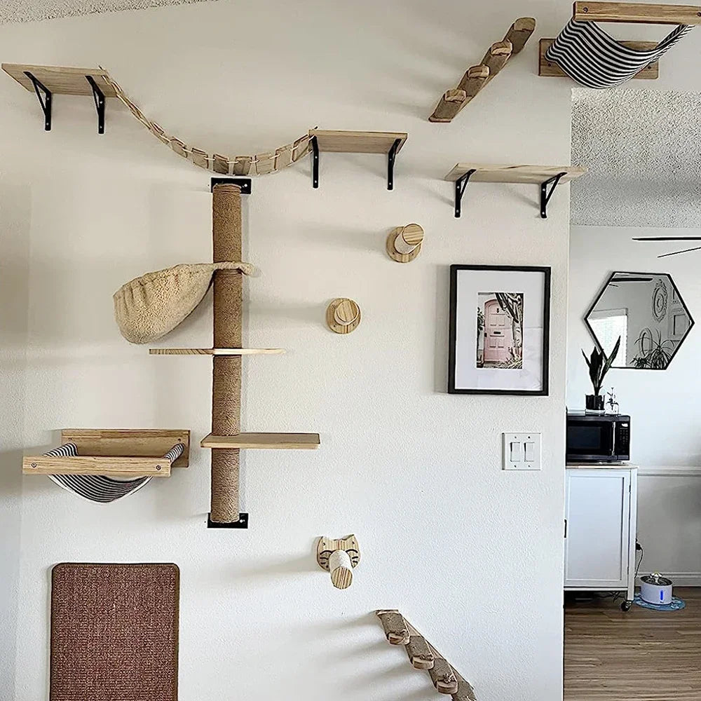 Cat Wall Climbing Shelf Steps Ladder Scratching Post Scratcher Bed Hiding House for Cats Tree Tower Pet Furniture Accessories